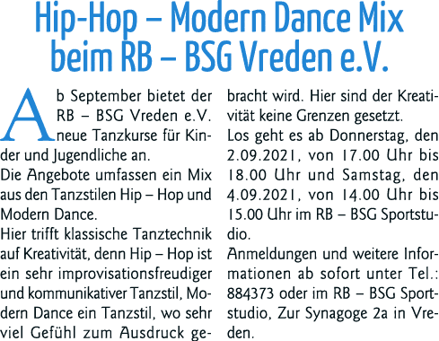 Hip-Hop   Modern Dance Mix beim RB   BSG Vreden e V  Ab September bietet der RB   BSG Vreden e V  neue Tanzkurse für    