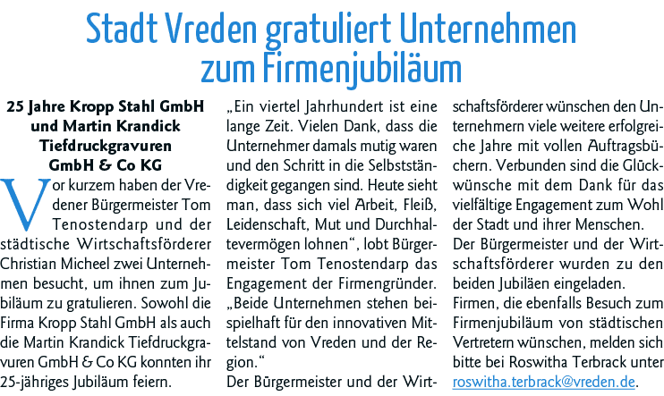 Stadt Vreden gratuliert Unternehmen zum Firmenjubiläum 25 Jahre Kropp Stahl GmbH und Martin Krandick Tiefdruckgravure   