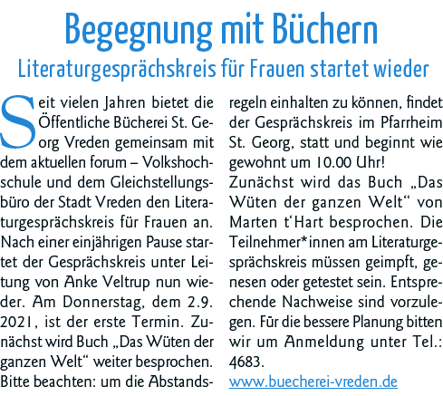 Begegnung mit Büchern Literaturgesprächskreis für Frauen startet wieder Seit vielen Jahren bietet die Öffentliche Büc   