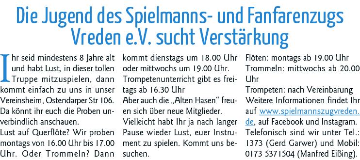 Die Jugend des Spielmanns- und Fanfarenzugs Vreden e V  sucht Verstärkung Ihr seid mindestens 8 Jahre alt und habt Lu   