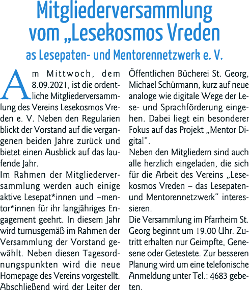 Mitgliederversammlung vom  Lesekosmos Vreden as Lesepaten- und Mentorennetzwerk e  V  Am Mittwoch, dem 8 09 2021, ist   