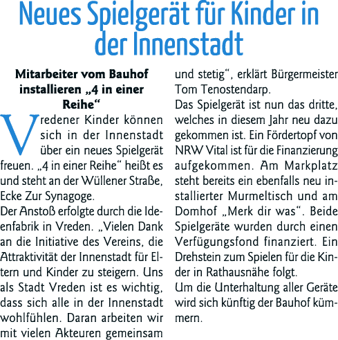 Neues Spielgerät für Kinder in der Innenstadt Mitarbeiter vom Bauhof installieren  4 in einer Reihe  Vredener Kinder    