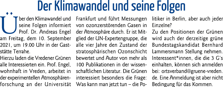 Der Klimawandel und seine Folgen Über den Klimawandel und seine Folgen informiert Prof  Dr  Andreas Engel am Freitag,   