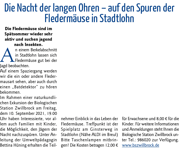 Die Nacht der langen Ohren   auf den Spuren der Fledermäuse in Stadtlohn Die Fledermäuse sind im Spätsommer wieder se   