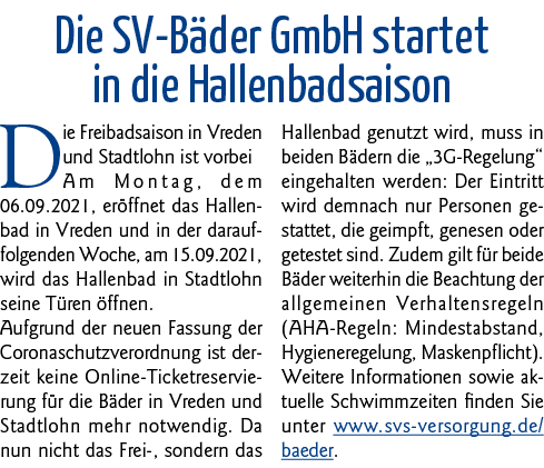 Die SV-Bäder GmbH startet in die Hallenbadsaison Die Freibadsaison in Vreden und Stadtlohn ist vorbei Am Montag, dem    