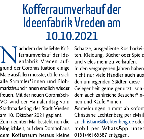 Kofferraumverkauf der Ideenfabrik Vreden am 10 10 2021 Nachdem der beliebte Kofferraumverkauf der Ideenfabrik Vreden    