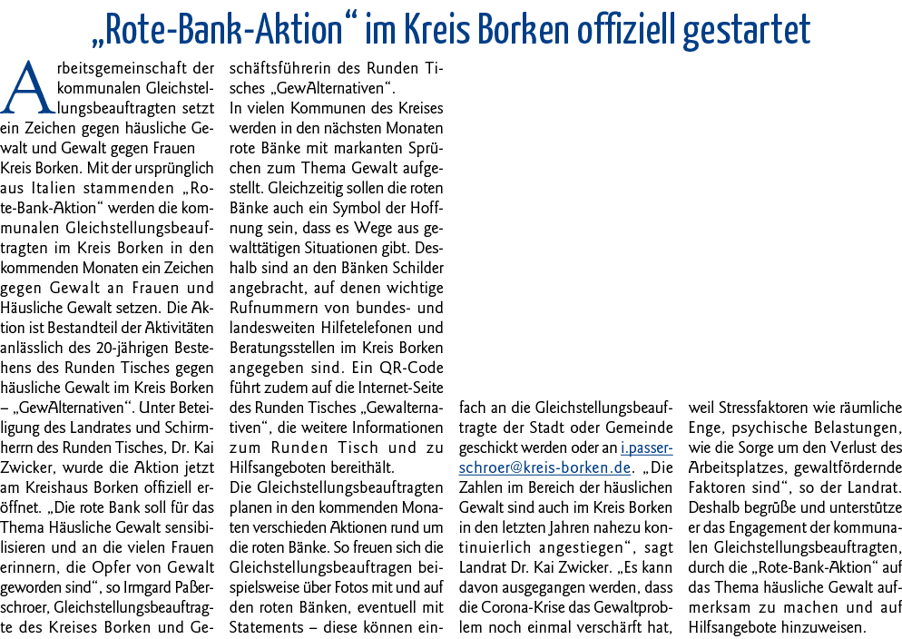  Rote-Bank-Aktion  im Kreis Borken offiziell gestartet Arbeitsgemeinschaft der kommunalen Gleichstellungsbeauftragten   