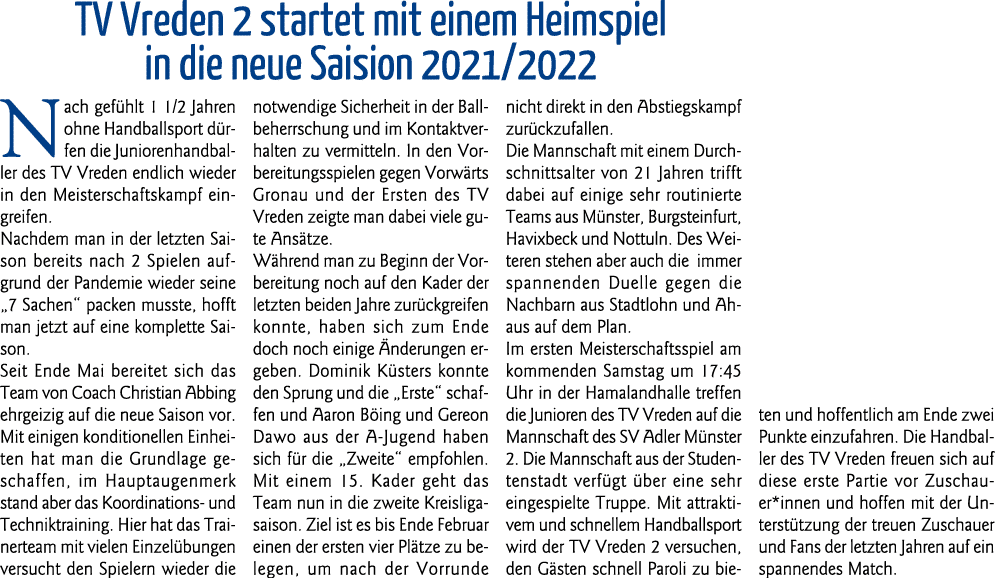 TV Vreden 2 startet mit einem Heimspiel in die neue Saision 2021 2022 Nach gefühlt 1 1 2 Jahren ohne Handballsport dü   