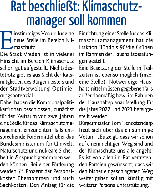 Rat beschließt: Klimaschutz manager soll kommen Einstimmiges Votum für eine neue Stelle im Bereich Klimaschutz Die St   