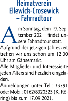 Heimatverein Ellewick-Crosewick   Fahrradtour Am Sonntag, dem 19  September 2021, findet unsere Fahrradtour statt  Au   