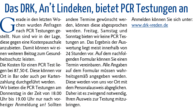  Das DRK, An t Lindeken, bietet PCR Testungen an Gerade in den letzten Wochen wurden Anfragen nach PCR Testungen gest   