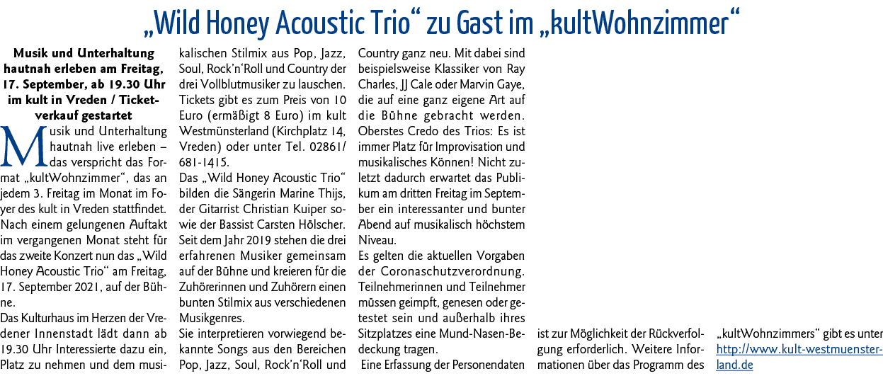  Wild Honey Acoustic Trio  zu Gast im  kultWohnzimmer  Musik und Unterhaltung hautnah erleben am Freitag, 17  Septemb   