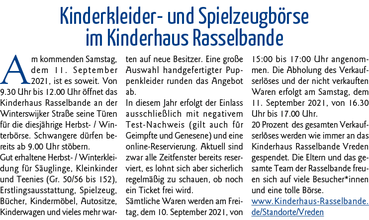 Kinderkleider- und Spielzeugbörse im Kinderhaus Rasselbande Am kommenden Samstag, dem 11  September 2021, ist es sowe   