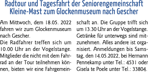 Radtour und Tagesfahrt der Seniorengemeinschaft Kleine-Mast zum Glockenmuseum nach Gescher Am Mittwoch, dem 18 05  20   
