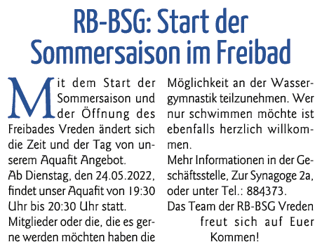 RB-BSG: Start der Sommersaison im Freibad Mit dem Start der Sommersaison und der Öffnung des Freibades Vreden ändert    