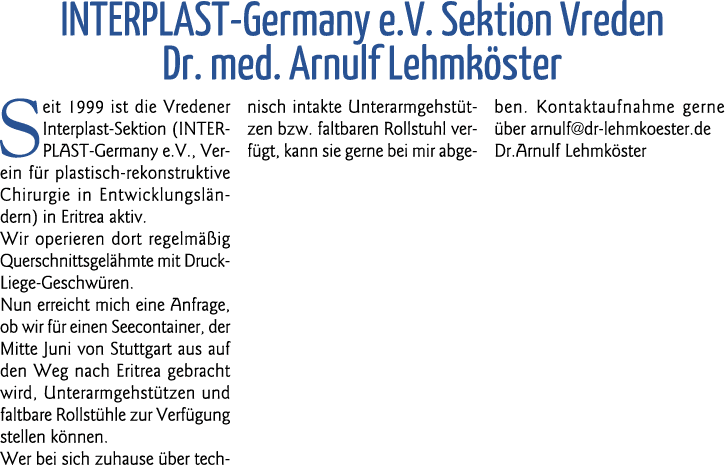 INTERPLAST-Germany e V  Sektion Vreden Dr  med  Arnulf Lehmköster Seit 1999 ist die Vredener Interplast-Sektion (INTE   