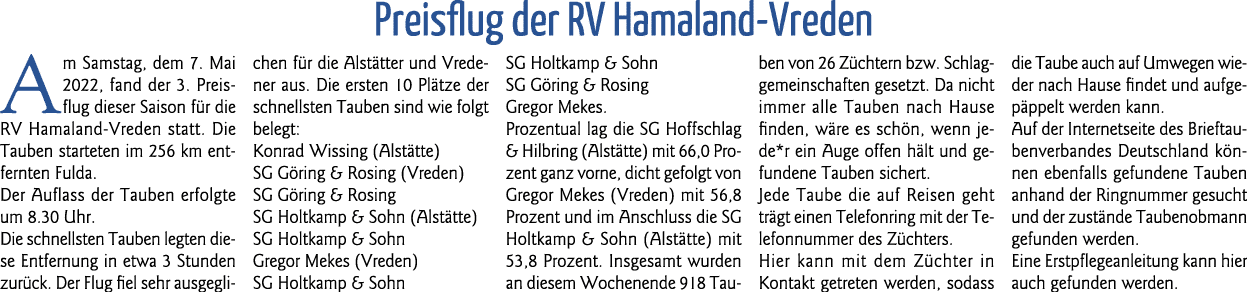 Preisflug der RV Hamaland-Vreden Am Samstag, dem 7  Mai 2022, fand der 3  Preisflug dieser Saison für die RV Hamaland   