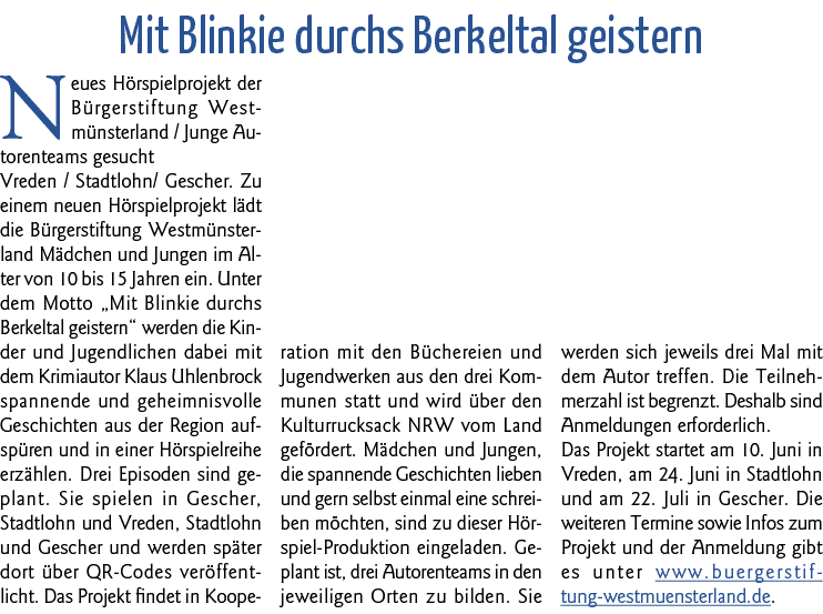 Mit Blinkie durchs Berkeltal geistern Neues Hörspielprojekt der Bürgerstiftung Westmünsterland   Junge Autorenteams g   