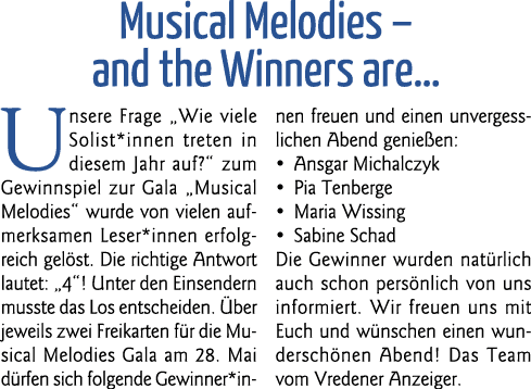Musical Melodies   and the Winners are  Unsere Frage  Wie viele Solist*innen treten in diesem Jahr auf   zum Gewinnsp   