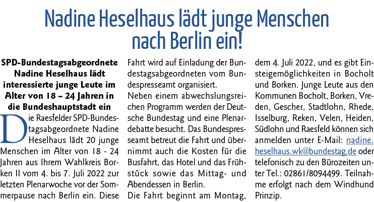 Nadine Heselhaus lädt junge Menschen nach Berlin ein  SPD-Bundestagsabgeordnete Nadine Heselhaus lädt interessierte j   