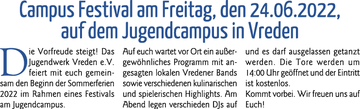  Campus Festival am Freitag, den 24 06 2022, auf dem Jugendcampus in Vreden Die Vorfreude steigt  Das Jugendwerk Vred   