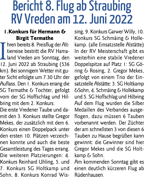 Bericht 8  Flug ab Straubing RV Vreden am 12  Juni 2022 1 Konkurs für Hermann & Birgit Termathe Ihren bereits 8  Prei   