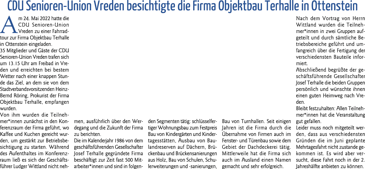  CDU Senioren-Union Vreden besichtigte die Firma Objektbau Terhalle in Ottenstein Am 24  Mai 2022 hatte die CDU Senio   