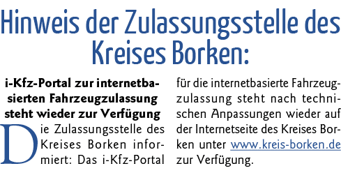 Hinweis der Zulassungsstelle des Kreises Borken: i-Kfz-Portal zur internetbasierten Fahrzeugzulassung steht wieder zu   