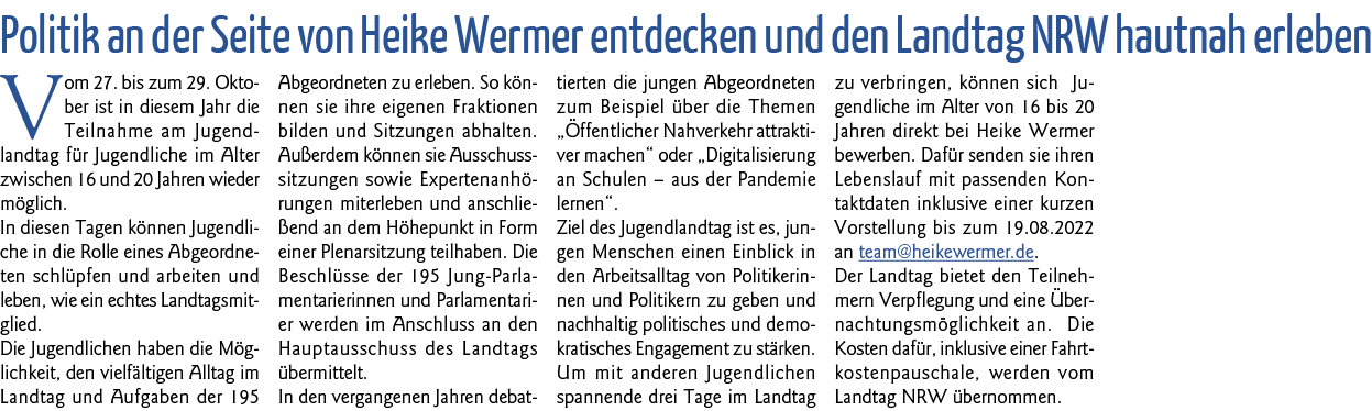 Politik an der Seite von Heike Wermer entdecken und den Landtag NRW hautnah erleben Vom 27  bis zum 29  Oktober ist i   