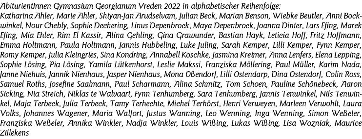 AbiturientInnen Gymnasium Georgianum Vreden 2022 in alphabetischer Reihenfolge: Katharina Ahler, Marie Ahler, Shiyan-   
