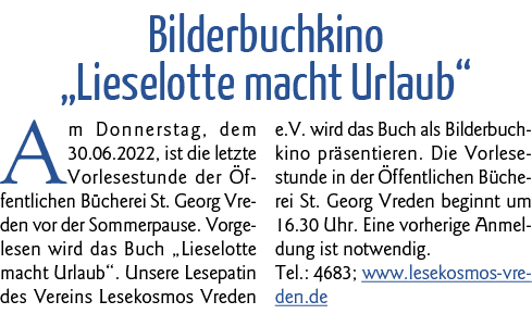 Bilderbuchkino  Lieselotte macht Urlaub  Am Donnerstag, dem 30 06 2022, ist die letzte Vorlesestunde der Öffentlichen   