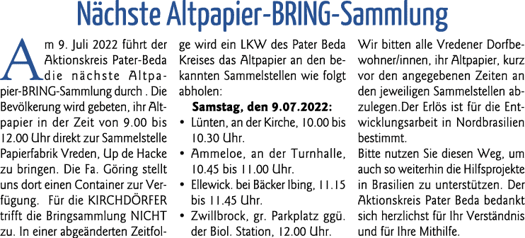 Nächste Altpapier-BRING-Sammlung Am 9  Juli 2022 führt der Aktionskreis Pater-Beda die nächste Altpapier-BRING-Sammlu   