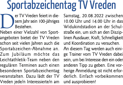 Sportabzeichentag TV Vreden Der TV Vreden feiert in diesem Jahr sein 100-jähriges Bestehen  Neben einer Vielzahl von    