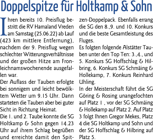 Doppelspitze für Holtkamp & Sohn Ihren bereits 10  Preisflug bestritt die RV Hamaland Vreden am Samstag (25 06 22) ab   