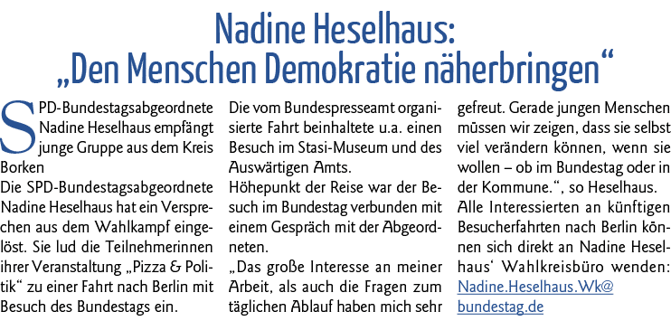 Nadine Heselhaus:  Den Menschen Demokratie näherbringen  SPD-Bundestagsabgeordnete Nadine Heselhaus empfängt junge Gr   