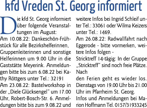 kfd Vreden St  Georg informiert Die kfd St  Georg informiert über folgende Veranstaltungen im August: Am 10 08 22: Da   