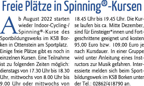 Freie Plätze in Spinning -Kursen Ab August 2022 starten wieder Indoor-Cycling- Spinning -Kurse des Sportbildungswerks   