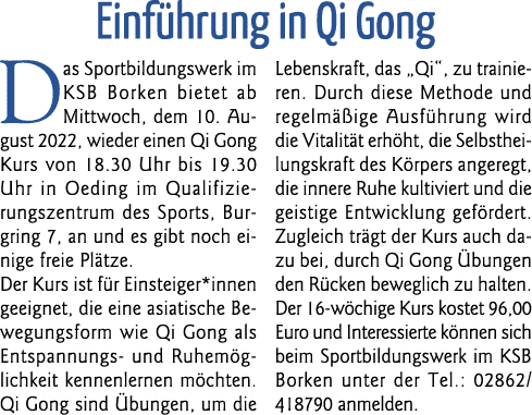 Einführung in Qi Gong Das Sportbildungswerk im KSB Borken bietet ab Mittwoch, dem 10  August 2022, wieder einen Qi Go   