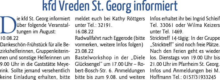 kfd Vreden St  Georg informiert Die kfd St  Georg informiert über folgende Veranstaltungen im August: 10 08 22 Dankes   