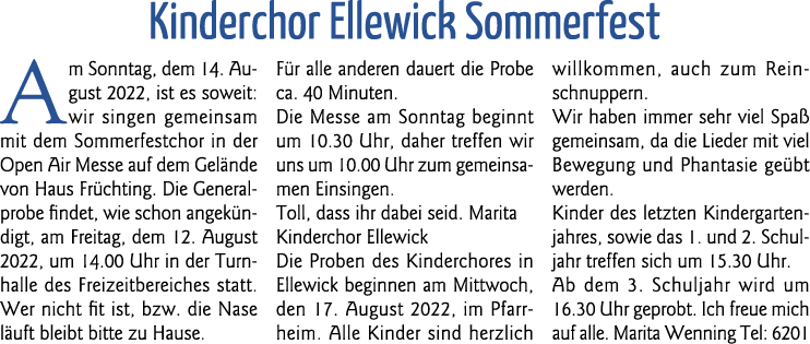 Kinderchor Ellewick Sommerfest Am Sonntag, dem 14  August 2022, ist es soweit: wir singen gemeinsam mit dem Sommerfes   