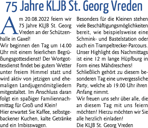 75 Jahre KLJB St  Georg Vreden Am 20 08 2022 feiern wir 75 Jahre KLJB St  Georg Vreden an der Schützenhalle in Gaxel    