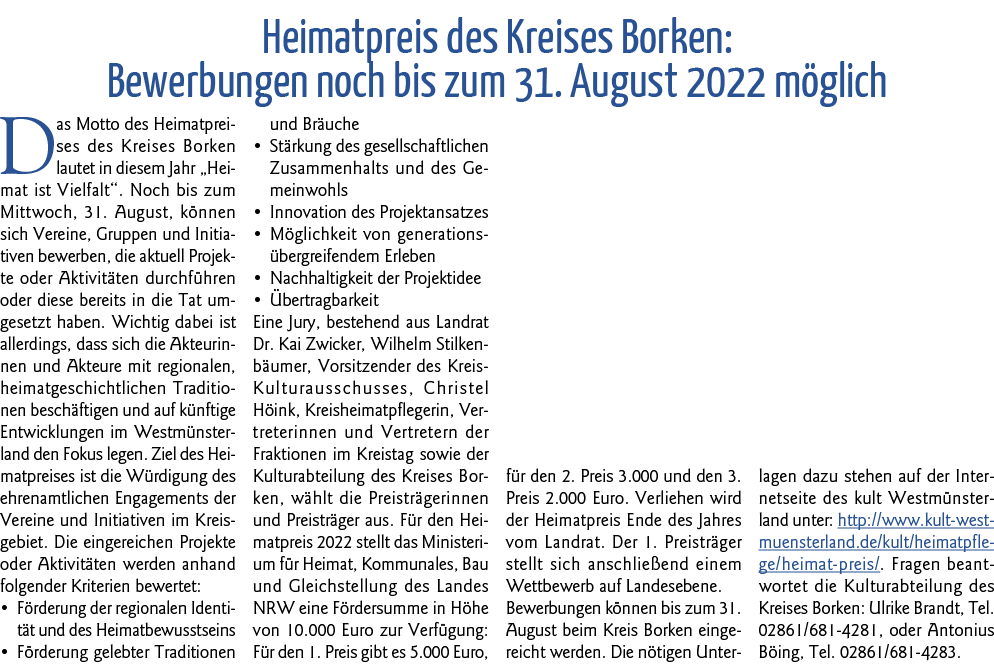 Heimatpreis des Kreises Borken: Bewerbungen noch bis zum 31  August 2022 möglich Das Motto des Heimatpreises des Krei   